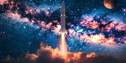 Wall Mural - abstract rocket in starry sky with points lines shapes resembling planets. concept space art, rocket