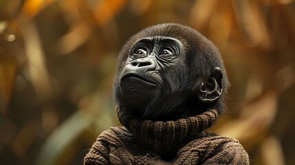 Wall Mural - A baby gorilla in a turtleneck sweater, contemplating the sky