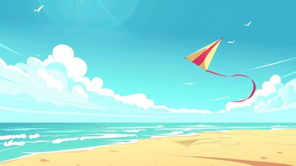 Wall Mural - Kite Flying High Above The Beach, Bright Colors Against The Blue Sky, Cartoon ,Flat color