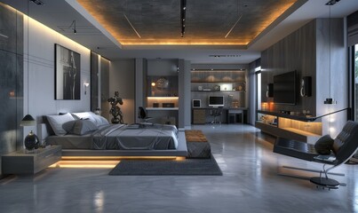 Wall Mural - A modern industrious design bedroom with king bed. Concrete floor, LED light strip, abstract art