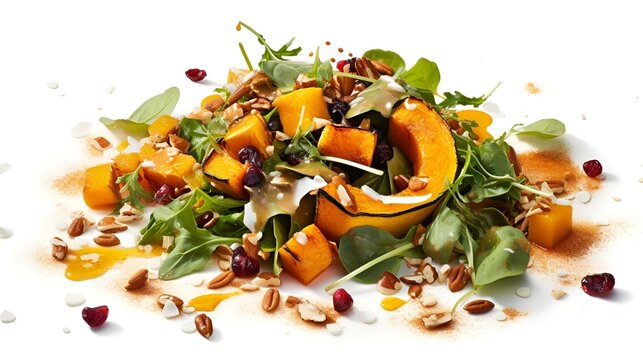 A colorful salad with roasted squash, crunchy nuts