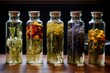 © juliars - Set of five glass bottles containing various dried medicinal herbs against a dark background