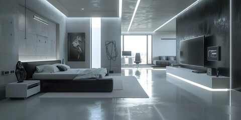 Wall Mural - A modern industrious design bedroom with king bed. Concrete floor, LED light strip, abstract art