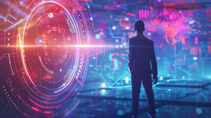 Fototapete - Businessman presenting futuristic business world metaverse graphic. In the form of innovation in digital business processing technology,