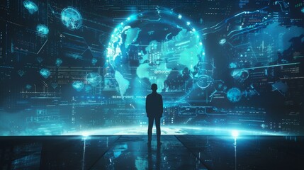 Fototapete - Businessman presenting futuristic business world metaverse graphic. In the form of innovation in digital business processing technology,