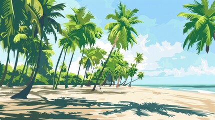 Wall Mural - Rows Of Lush Green Coconut Trees Sway In The Gentle Breeze Along The Beach, Providing Refreshing Shade For Visitors, Cartoon ,Flat color