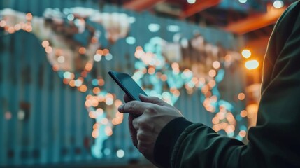 Aufkleber - Businessman touching smartphone for analyze stock at logistics port and world map and online goods orders