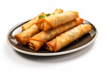 Wall Mural - Exquisite spring rolls on a metal tray against a white background