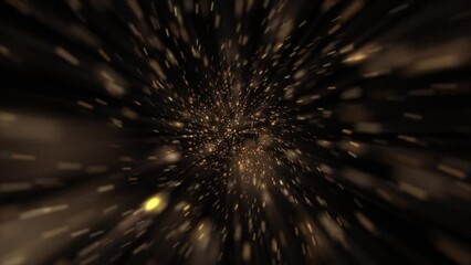 Wall Mural - Cosmic interstellar hyperspace motion background animation. Flying at warp speed through a tunnel of glowing golden stars and particles in space. Galaxy starburst explosion animation.