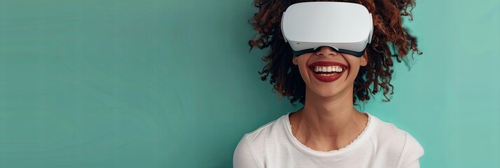 Fototapete - Smiling young woman in white virtual reality glasses on flat pastel green background. Generative AI