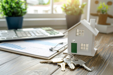 White house model and house keys on the table in new apartment Mortgage, loan approval, home loan and insurance concept  