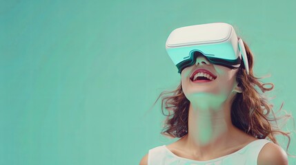 Fototapete - Smiling woman in white VR glasses against pastel green background. Generative AI