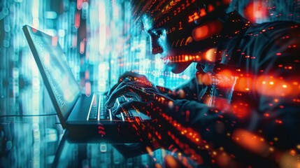 software developer, program codes flowing in the background