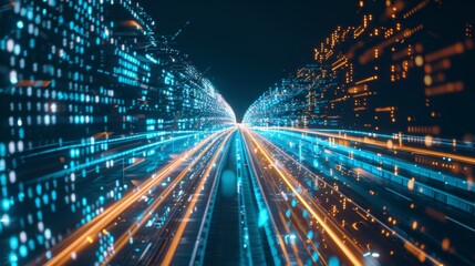 Fototapete - Digital data flow on road with motion blur to create vision of fast speed transfer
