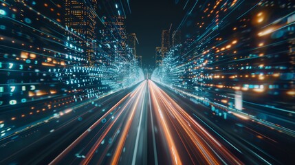 Fototapete - Digital data flow on road with motion blur to create vision of fast speed transfer . Concept of future digital transformation ,