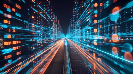 Fototapete - Digital data flow on road with motion blur to create vision of fast speed transfer . Concept of future digital transformation ,
