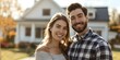 © Anastasiia - Excited and Happy Young Couple Smiling in Front of Their New House. Concept New Home, Happiness, Couple Goals, Moving In, Celebrating