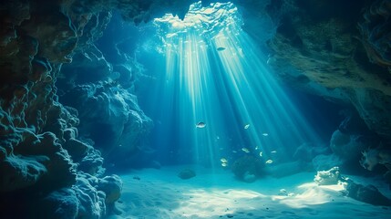 Sticker - Enchanting Underwater Cavern Illuminated by Sunlight Rays Revealing Vibrant Marine Ecosystem