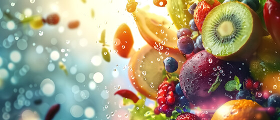 Fresh tropical fruits background, healthy lifestyle, banner and marketing