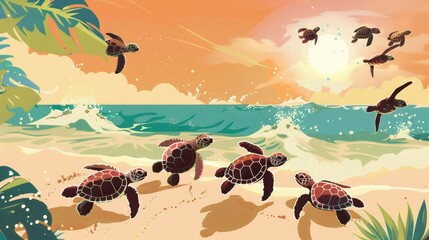 Wall Mural - Turtle Hatching On The Beach, Tiny Hatchlings Making Their Way To The Ocean, Cartoon ,Flat color