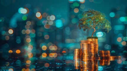 Poster - double exposure of golden coins stacks on table with tree growing on top and blur city night