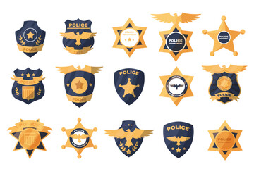 Police labels. Policeman law enforcement badges. Sheriff, marshal and ranger logo. Officer government badge. Policeman insignia vector simple patches set