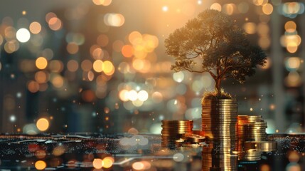 Poster - double exposure of golden coins stacks on table with tree growing on top and blur city night