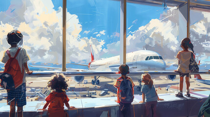 Wall Mural - Backside of excited kids are looking at parked airplane through window at an airport in painting style.