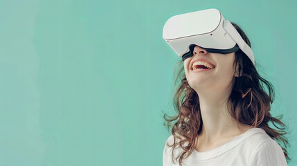 Fototapete - A woman joyfully smiles while wearing white virtual reality glasses on a flat pastel green background. Generative AI