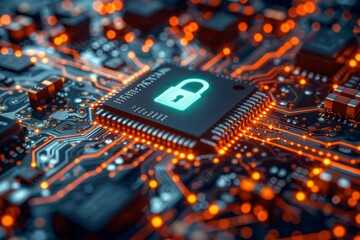 High tech macro photograph focusing on cybersecurity with a microchip and integrated circuits glowing with vibrant orange and blue lights