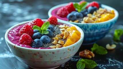 Poster - healthy breakfast bowls, vibrant veggie smoothie bowls with chia, berries, and nuts on marble, a colorful and tasty breakfast choice