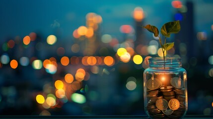 Poster - Gold coins and seed in clear bottle on cityscape photo blurred cityscape