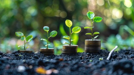 Poster - money growth concept,young plants growing up on stack of coins for saving and invesment