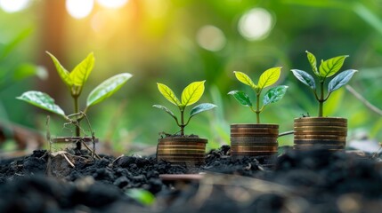 Poster - money growth concept,young plants growing up on stack of coins for saving and invesment
