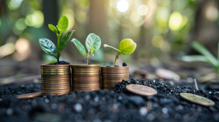 Poster - money growth concept,young plants growing up on stack of coins for saving and invesment