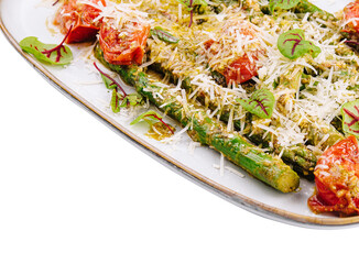 Wall Mural - Baked asparagus with cherry tomatoes