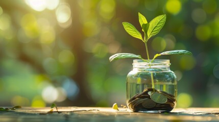 Poster - Plant growing from coins outside the glass jar on blurred green natural background with copy space and sunlight