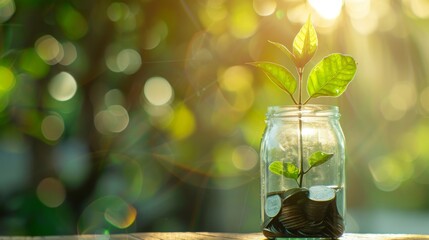 Poster - Plant growing from coins outside the glass jar on blurred green natural background with copy space and sunlight