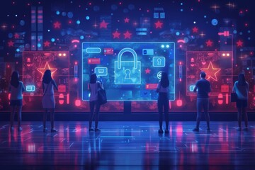 Sticker - Futuristic illustration depicting a cyber secure digital shopping interface with holographic screens, people interacting, and vibrant neon lighting in a high tech environment