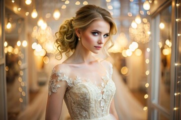 Wall Mural - Rental and purchase of wedding dresses for events. Close-up. A beautiful girl, nevesna, tries on an elegant white wedding dress in a luxury bridal salon store.