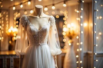 Sticker - Rental and purchase of wedding dresses for events. Close-up. Elegant white wedding dress on a mannequin in a luxury bridal salon store.