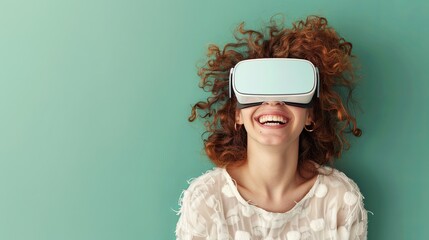 Fototapete - Happy woman with curly hair smiling while wearing white virtual reality glasses against a flat pastel green background. Generative AI