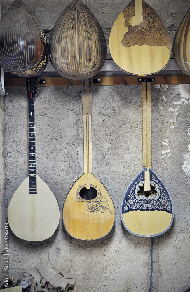 Traditional, string musical instruments. Vintage cultural background ...