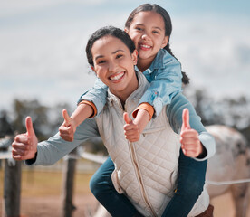 Canvas Print - Piggyback, mother or portrait of child in ranch for support in nature for care, safety or thumbs up in farm. Smile, family or happy single parent mom with kid or girl for security, love or like sign