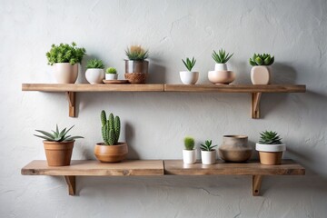 Interior design details. There are wooden shelves with potted plants on the bright wall. Scandinavian style.