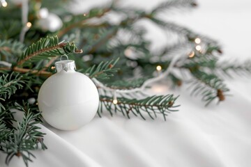 Sticker - Elegant White Christmas Ornament Hanging on Fir Branch With Festive Lights