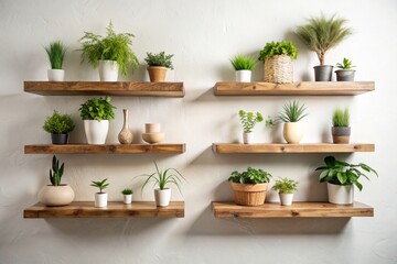 Interior design details. There are wooden shelves with potted plants on the bright wall. Scandinavian style.