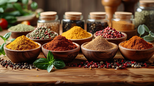 Various colorful spices at the Spice ,Colorful herbs and spices for cooking, Hot spices and chili peppers in wooden bowls flying over black background and fire