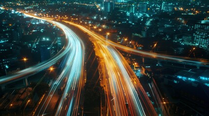 Fototapete - Smart city with speed line glowing light trail surround the city.