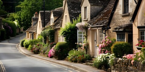 Picturesque English village street with charming stone cottages and blooming gardens. Concept English village, stone cottages, blooming gardens, picturesque street, charming scenery